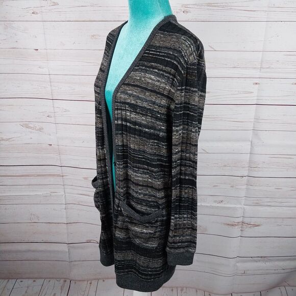 Miss Me Long Cardigan Womens M Pockets Button Up Long Sleeve Black Gray Expands - Picture 9 of 12
